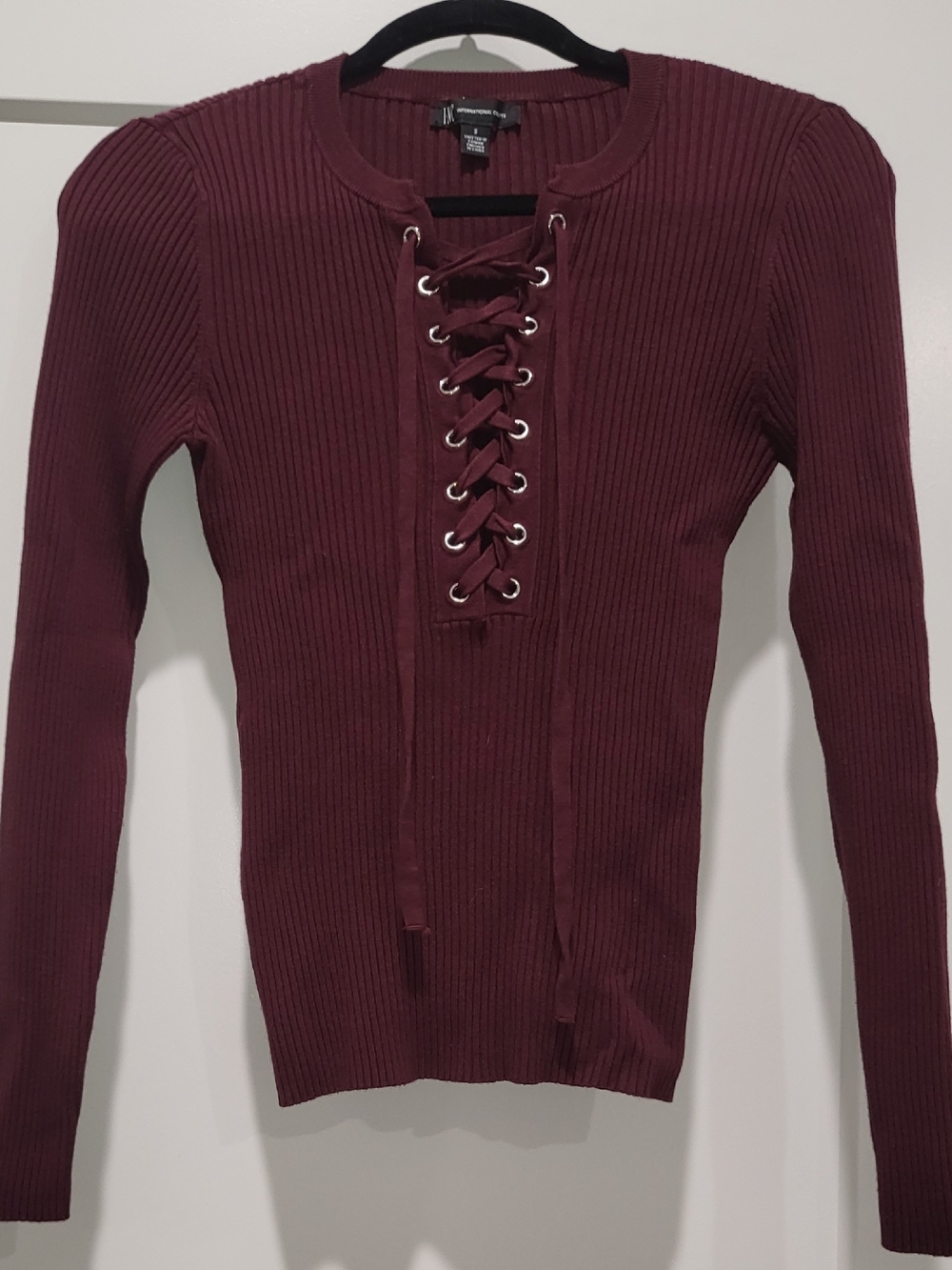 INC Sexy Ribbed Lace-Up Sweater Top - Burgundy